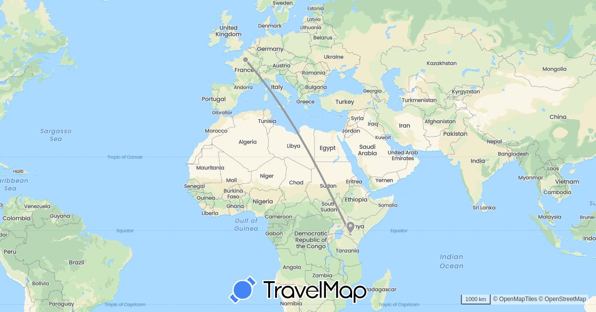 TravelMap itinerary: driving, plane in France, Kenya (Africa, Europe)