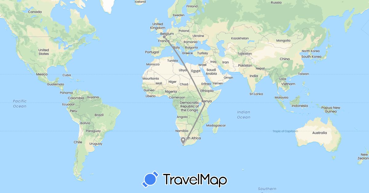 TravelMap itinerary: driving, plane in France, Kenya, South Africa (Africa, Europe)